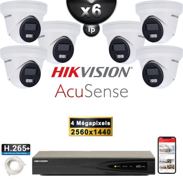 Kit Vidéo Surveillance PRO IP HIKVISION : 6x Caméras POE Dômes LED 30M 4 MP AcuSense + Enregistreur NVR 8 canaux 2000 Go
