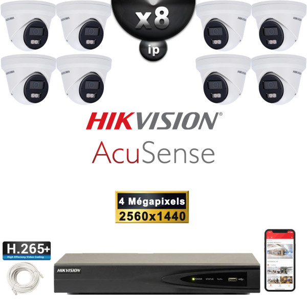 Kit Vidéo Surveillance PRO IP HIKVISION : 8x Caméras POE Dômes LED 30M 4 MP AcuSense + Enregistreur NVR 8 canaux 2000 Go