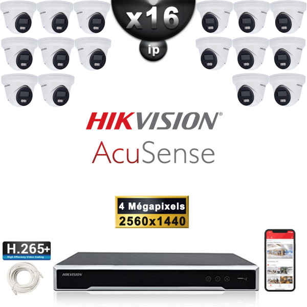 Kit Vidéo Surveillance PRO IP HIKVISION : 16x Caméras POE Dômes LED 30M 4 MP AcuSense + Enregistreur NVR 16 canaux H265+ 3000 Go