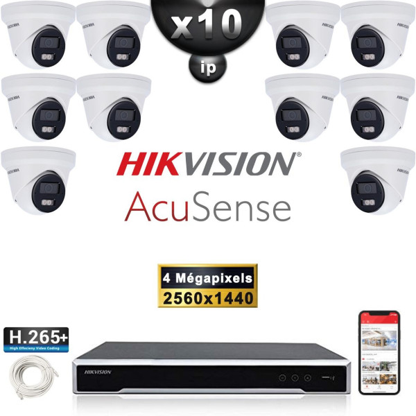 Kit Vidéo Surveillance PRO IP HIKVISION : 10x Caméras POE Dômes LED 30M 4 MP AcuSense + Enregistreur NVR 16 canaux H265+ 3000 Go
