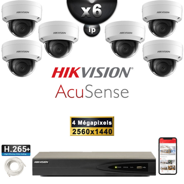 Kit Vidéo Surveillance PRO IP HIKVISION : 6x Caméras POE Dômes LED 30M 4 MP AcuSense + Enregistreur NVR 8 canaux 2000 Go