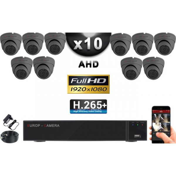 KIT PRO AHD 10 Caméras Dômes IR 20m Capteur SONY FULL HD 1080P + Enregistreur XVR 5MP H265+ 3000 Go / Pack vidéo surveillance