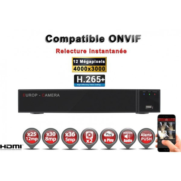 Enregistreur numérique NVR réseau 36 canaux H264+ / H265+ IP ONVIF UHD 4K 5MP 3MP 1080P FULL HD / Ref : EC-NVR36H265C2