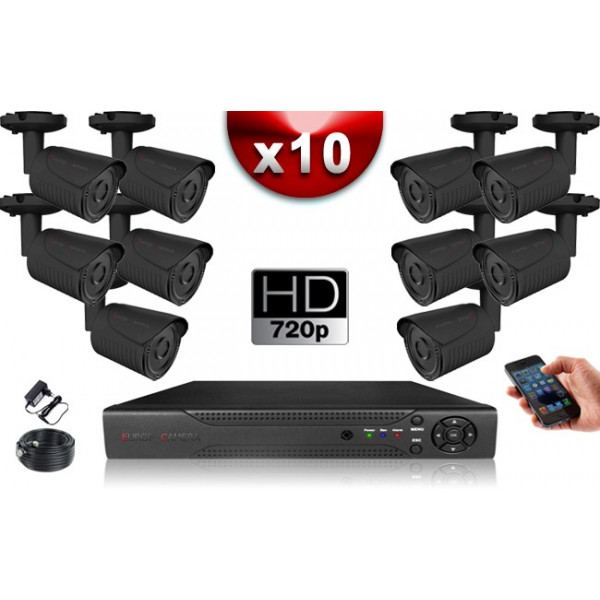 KIT ECO AHD : 10 Caméras Tubes CMOS HD 720P + Enregistreur XVR H265+ 1000 Go / Pack de vidéo surveillance