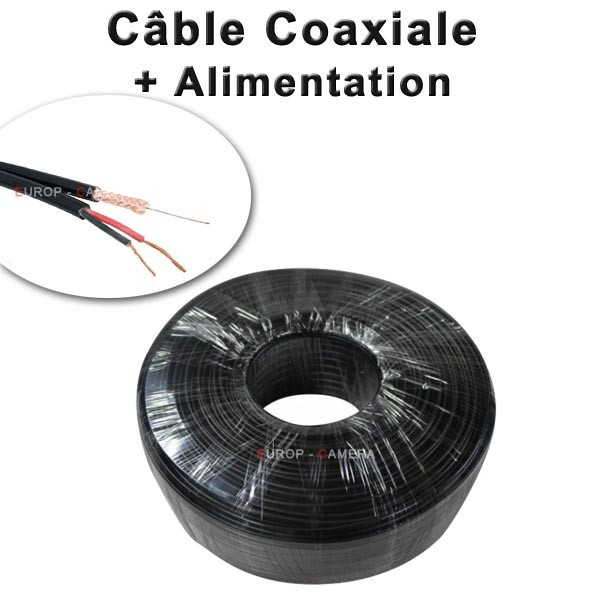 Câble 2 en 1 : coaxial vidéo KX6 alimentation 2G0.5 noir bobine à sertir de 50 mètres