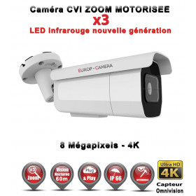 Tube AHD / CVI / TVI Anti-vandal 8 MegaPixels UHD 4K IR 60m Zoom motorisée X3 étanche réf: EC-XVI4KC60AZ - caméra surveillance