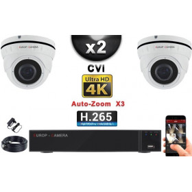 KIT PRO CVI 2 Caméras Dômes AUTOZOOM X3 IR 35m 8MP UHD 4K + Enregistreur CVI 8MP H265+ 1000 Go / Pack de vidéo surveillance