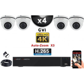 KIT PRO CVI 4 Caméras Dômes AUTOZOOM X3 IR 35m 8MP UHD 4K + Enregistreur CVI 8MP H265+ 2000 Go / Pack de vidéo surveillance