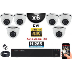KIT PRO CVI 6 Caméras Dômes AUTOZOOM X3 IR 35m 8MP UHD 4K + Enregistreur CVI 8MP H264+ 2000 Go / Pack de vidéo surveillance