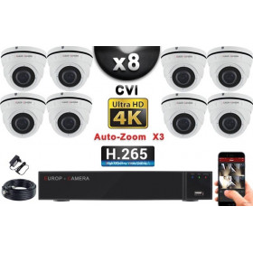 KIT PRO CVI 8 Caméras Dômes AUTOZOOM X3 IR 35m 8MP UHD 4K + Enregistreur CVI 8MP H264+ 3000 Go / Pack de vidéo surveillance