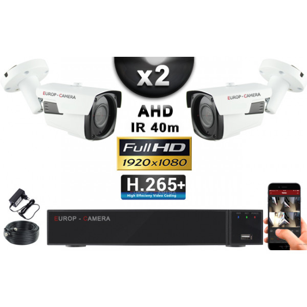 KIT PRO AHD 2 Caméras Tubes IR 40m Capteur SONY FULL HD 1080P + Enregistreur XVR 5MP H265+ 1000 Go / Pack vidéo surveillance