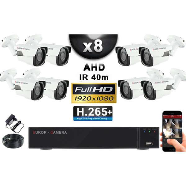 KIT PRO AHD 8 Caméras Tubes IR 40m Capteur SONY FULL HD 1080P + Enregistreur XVR 5MP H265+ 3000 Go / Pack vidéo surveillance
