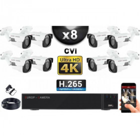 KIT PRO CVI 8 Caméras Tubes IR 40m 8 MegaPixels UHD 4K + Enregistreur CVI 8MP H264+ 3000 Go / Pack de vidéo surveillance