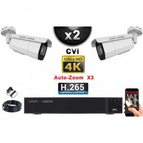 KIT PRO CVI 2 Caméras Tubes AUTOZOOM X3 IR 60m 8MP UHD 4K + Enregistreur CVI 8MP H265+ 1000 Go / Pack de vidéo surveillance