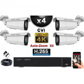 KIT PRO CVI 4 Caméras Tubes AUTOZOOM X3 IR 60m 8MP UHD 4K + Enregistreur CVI 8MP H265+ 2000 Go / Pack de vidéo surveillance