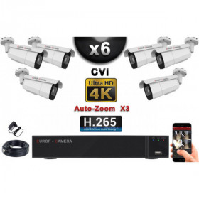 KIT PRO CVI 6 Caméras Tubes AUTOZOOM X3 IR 60m 8MP UHD 4K + Enregistreur CVI 8MP H264+ 2000 Go / Pack de vidéo surveillance