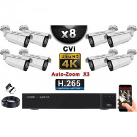 KIT PRO CVI 8 Caméras Tubes AUTOZOOM X3 IR 60m 8MP UHD 4K + Enregistreur CVI 8MP H264+ 3000 Go / Pack de vidéo surveillance