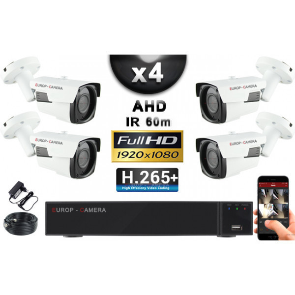 KIT PRO AHD 4 Caméras Tubes IR 60m Capteur SONY FULL HD 1080P + Enregistreur XVR 5MP H265+ 2000 Go / Pack vidéo surveillance