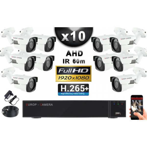 KIT PRO AHD 10 Caméras Tubes IR 60m Capteur SONY FULL HD 1080P + Enregistreur XVR 5MP H265+ 3000 Go / Pack vidéo surveillance