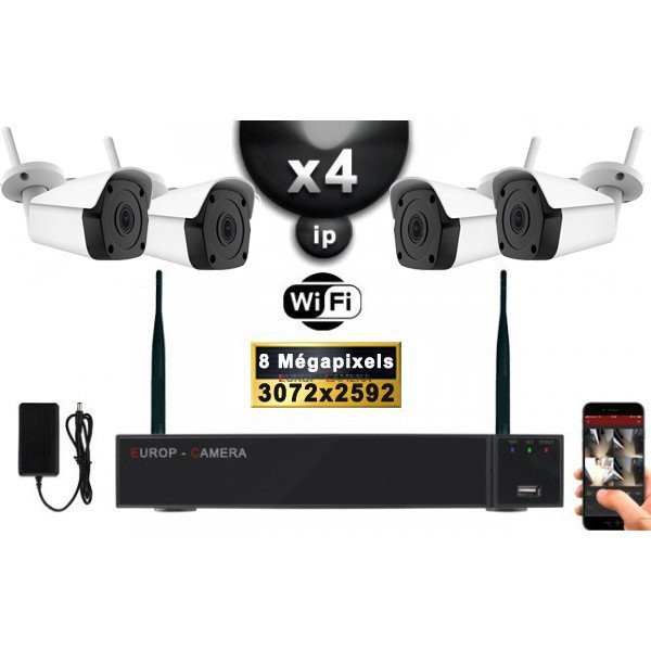 Kit Vidéo Surveillance PRO IP : 4X Caméras Tubes WIFI IR 30M 5 MegaPixels + Enregistreur NVR WIFI H265+ 2000 Go