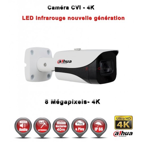 EC-CVI4K40 Tube CVI Anti-vandal 8 MegaPixels UHD 4K DAHUA IR 40m étanche réf: EC-CVI4K40 - caméra surveillance