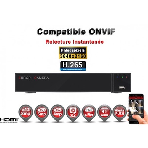 EC-NVR25H265C2 Enregistreur numérique NVR réseau 25 canaux H264+ / H265+ IP ONVIF UHD 4K 5MP 3MP 1080P FULL HD / Ref : EC-NVR25H265C2