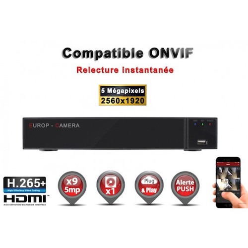 EC-NVR9H265C1 Enregistreur numérique NVR réseau 9 canaux H264+ / H265+ IP ONVIF 5MP 3MP 1080P FULL HD / Ref : EC-NVR9H265C1